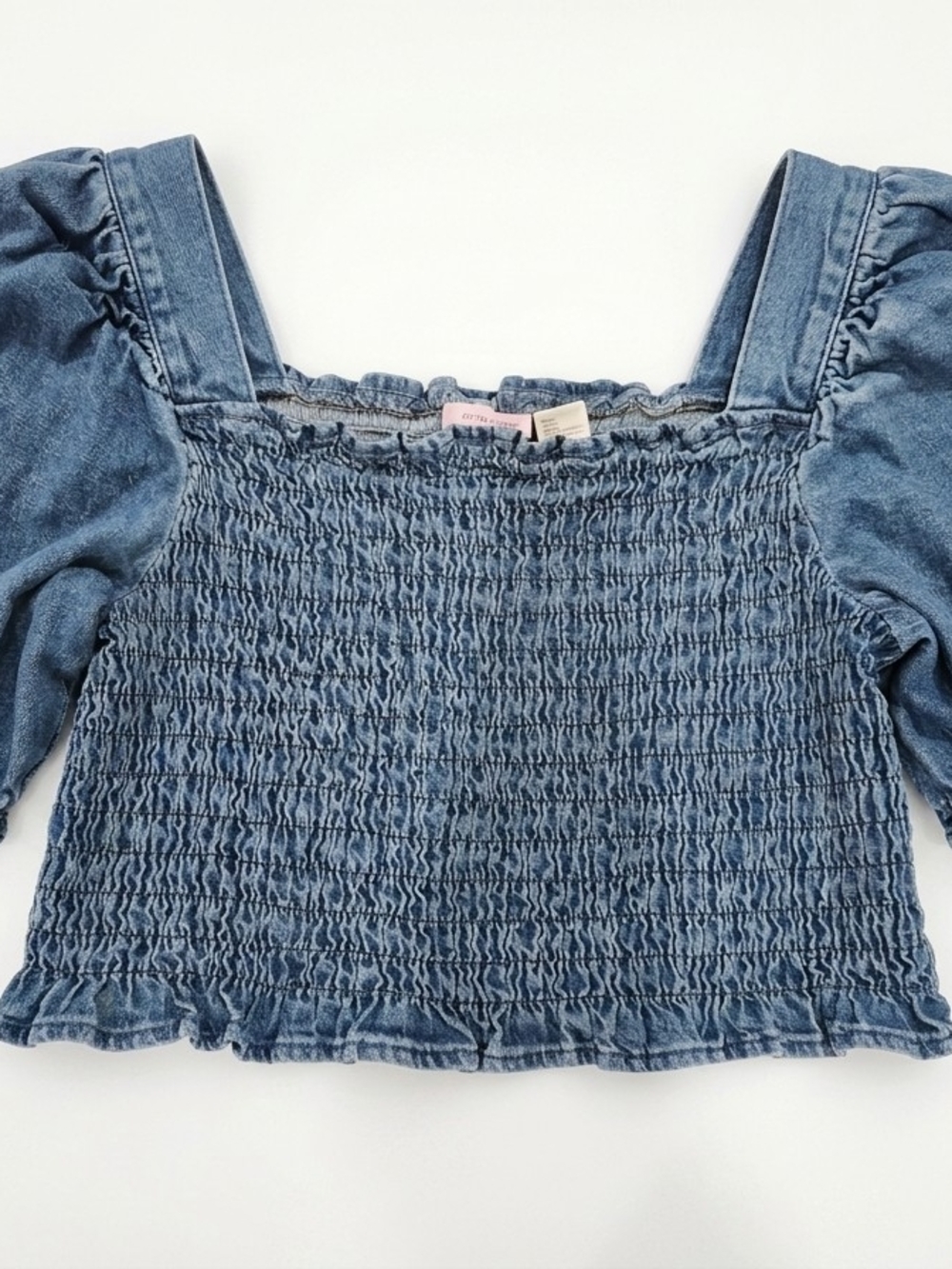 Levi's Medium Blue Smocked Denim Crop Top with Puff Sleeves